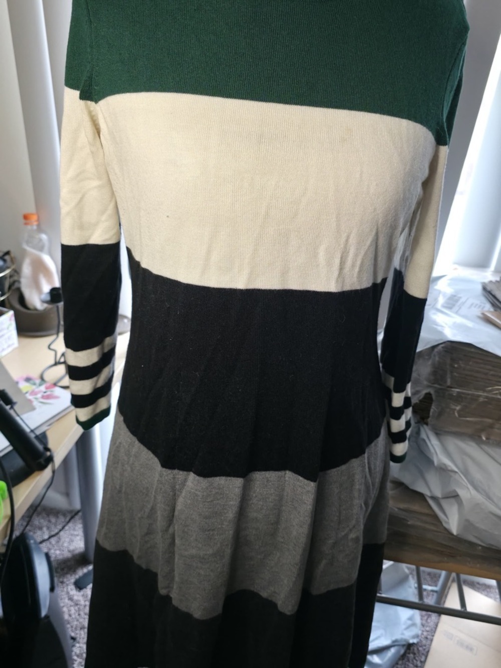 Striped Knit A-Line Dress in Green, Cream & Black - Picture 2 of 4